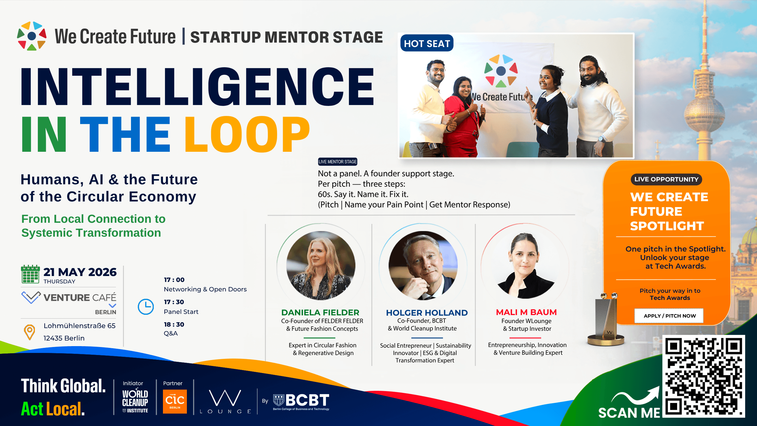 Event poster: Intelligence in the Loop — Humans, AI and the Future of the Circular Economy. We Create Future Startup Mentor Stage, 21 May 2026 at Venture Café Berlin, with speakers, partners, and QR code to apply.