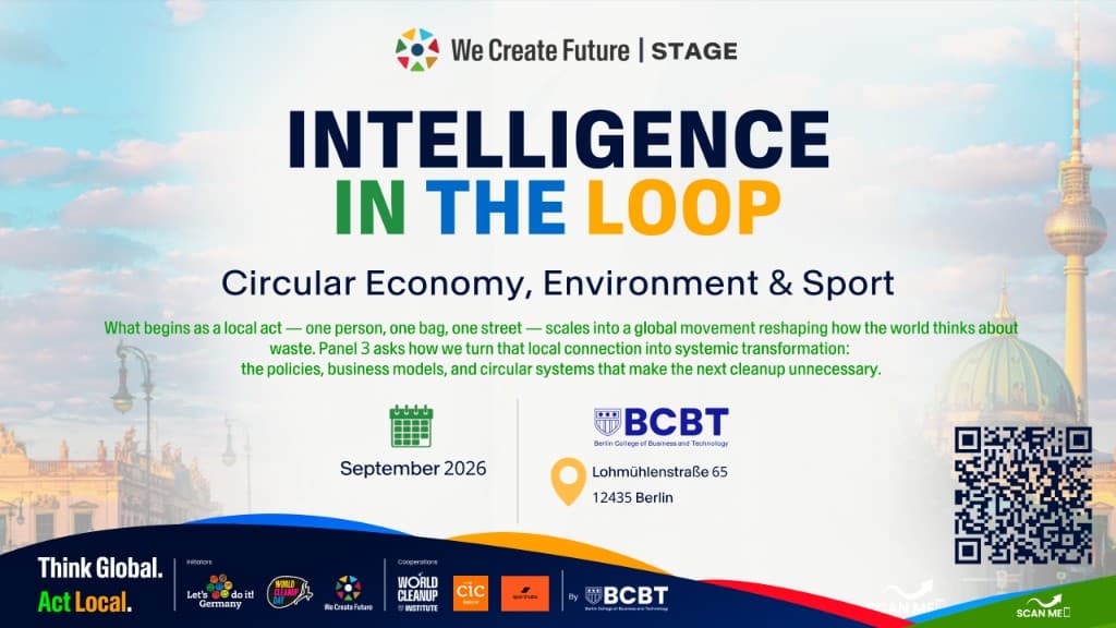 Event poster: Intelligence in the Loop — Circular Economy, Environment & Sport. We Create Future Stage Panel 3, September 2026 at Berlin College of Business and Technology, with partners and QR code to register.